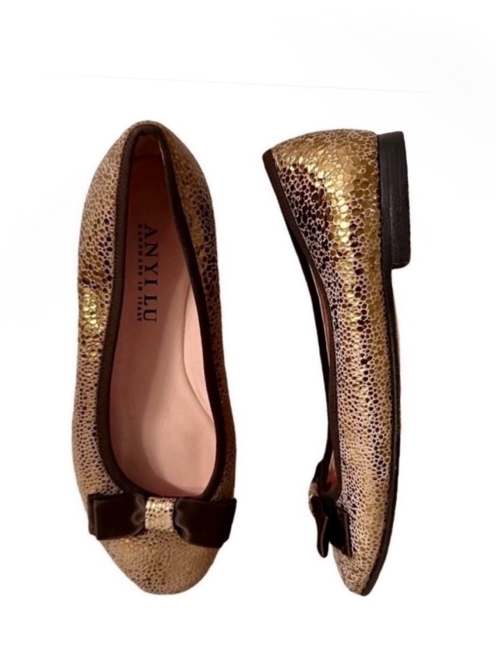 ANYI LU Metallic Texture Leather with Bow Ballet Slip-Ons Handmade in Italy